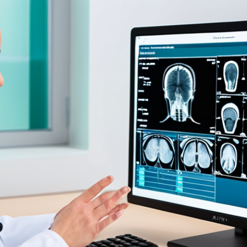 **Medical Diagnostic AI Self-Correction:** An AI diagnoses a medical scan (X-ray or MRI), highlighting areas of concern. The AI displays a confidence score which increases as it learns from feedback, represented by overlaid data points. The setting is a modern, brightly lit medical lab, with a doctor subtly observing in the background. Focus on conveying accuracy and iterative improvement.