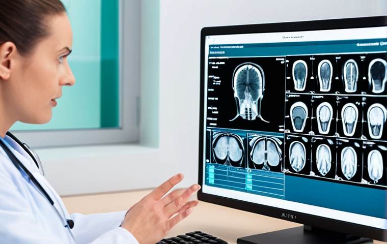 **Medical Diagnostic AI Self-Correction:** An AI diagnoses a medical scan (X-ray or MRI), highlighting areas of concern. The AI displays a confidence score which increases as it learns from feedback, represented by overlaid data points. The setting is a modern, brightly lit medical lab, with a doctor subtly observing in the background. Focus on conveying accuracy and iterative improvement.