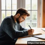 Home 22 자기 교정 학습 프로세스와 지속적인 개선의 스킬 - A serene, cozy home office scene featuring a person thoughtfully journaling at a wooden desk by a la...