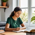 Home 21 자기 교정 학습 프로세스에서의 지속적인 피드백의 중요성 - A serene home office scene featuring a young professional thoughtfully journaling at a wooden desk b...