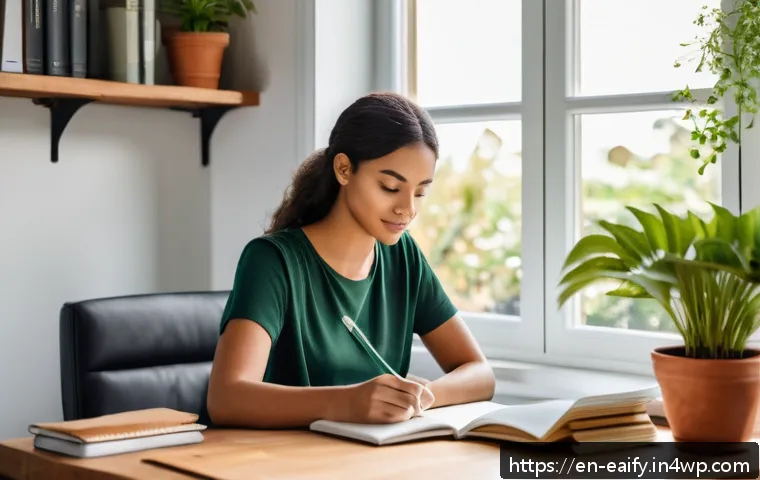 자기 교정 학습 프로세스에서의 지속적인 피드백의 중요성 - A serene home office scene featuring a young professional thoughtfully journaling at a wooden desk b...