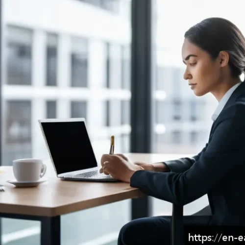 Home 32 자기 교정 학습 프로세스의 하면 좋은 질문 목록 - A thoughtful professional woman sitting at a modern office desk, journaling her daily reflections wi...