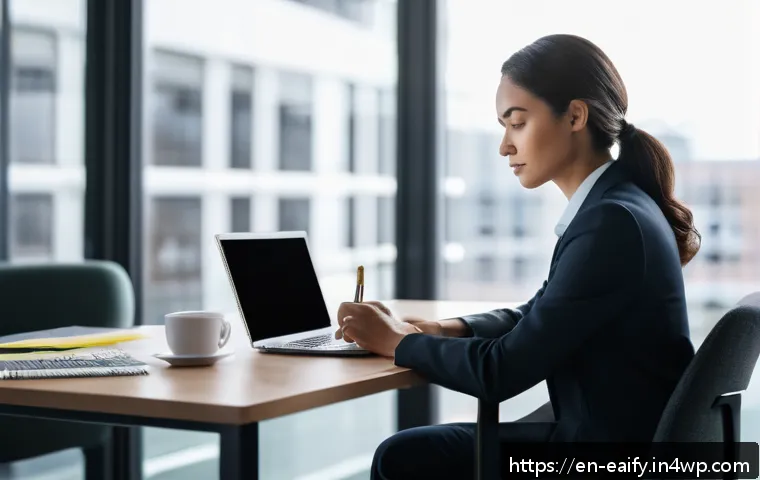 자기 교정 학습 프로세스의 하면 좋은 질문 목록 - A thoughtful professional woman sitting at a modern office desk, journaling her daily reflections wi...