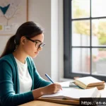 Home 18 자기 교정 학습 프로세스 개념의 발전 과정 - A focused young adult woman sitting at a modern desk in a bright, cozy home office, thoughtfully rev...