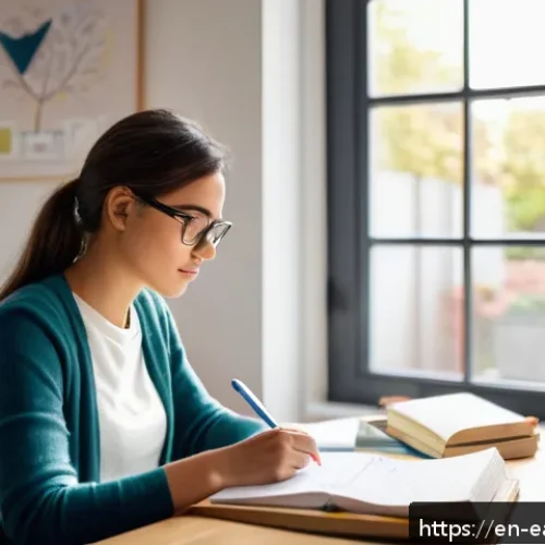 Home 30 자기 교정 학습 프로세스 개념의 발전 과정 - A focused young adult woman sitting at a modern desk in a bright, cozy home office, thoughtfully rev...