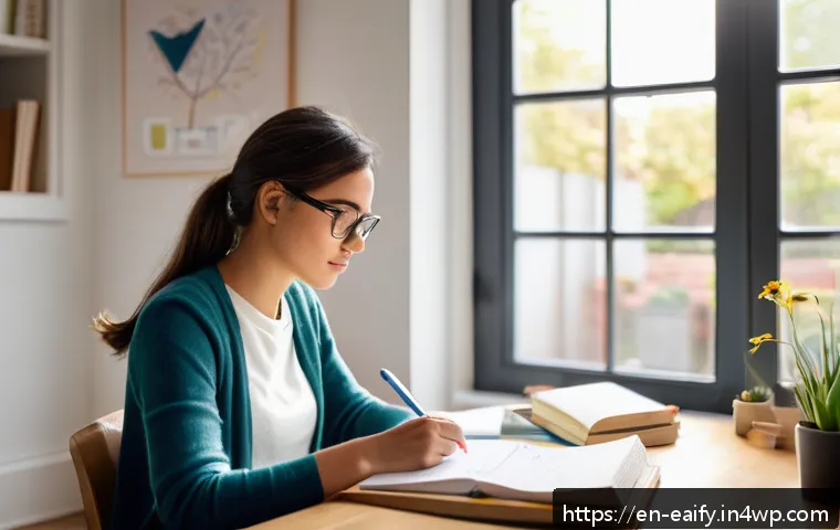 자기 교정 학습 프로세스 개념의 발전 과정 - A focused young adult woman sitting at a modern desk in a bright, cozy home office, thoughtfully rev...