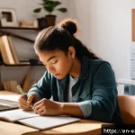 Home 23 자기 교정 학습 프로세스에서의 동기 부여 전략 - A cozy, sunlit home office scene featuring a young adult thoughtfully journaling reflections in a no...