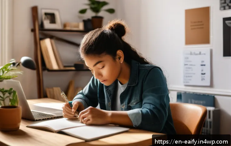 자기 교정 학습 프로세스에서의 동기 부여 전략 - A cozy, sunlit home office scene featuring a young adult thoughtfully journaling reflections in a no...