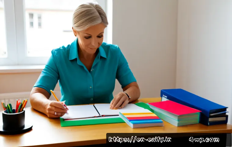 자기 교정 학습 프로세스의 커리큘럼 개발 - Photorealistic educational planning scene, a middle-aged teacher at a tidy home office desk arrangin...